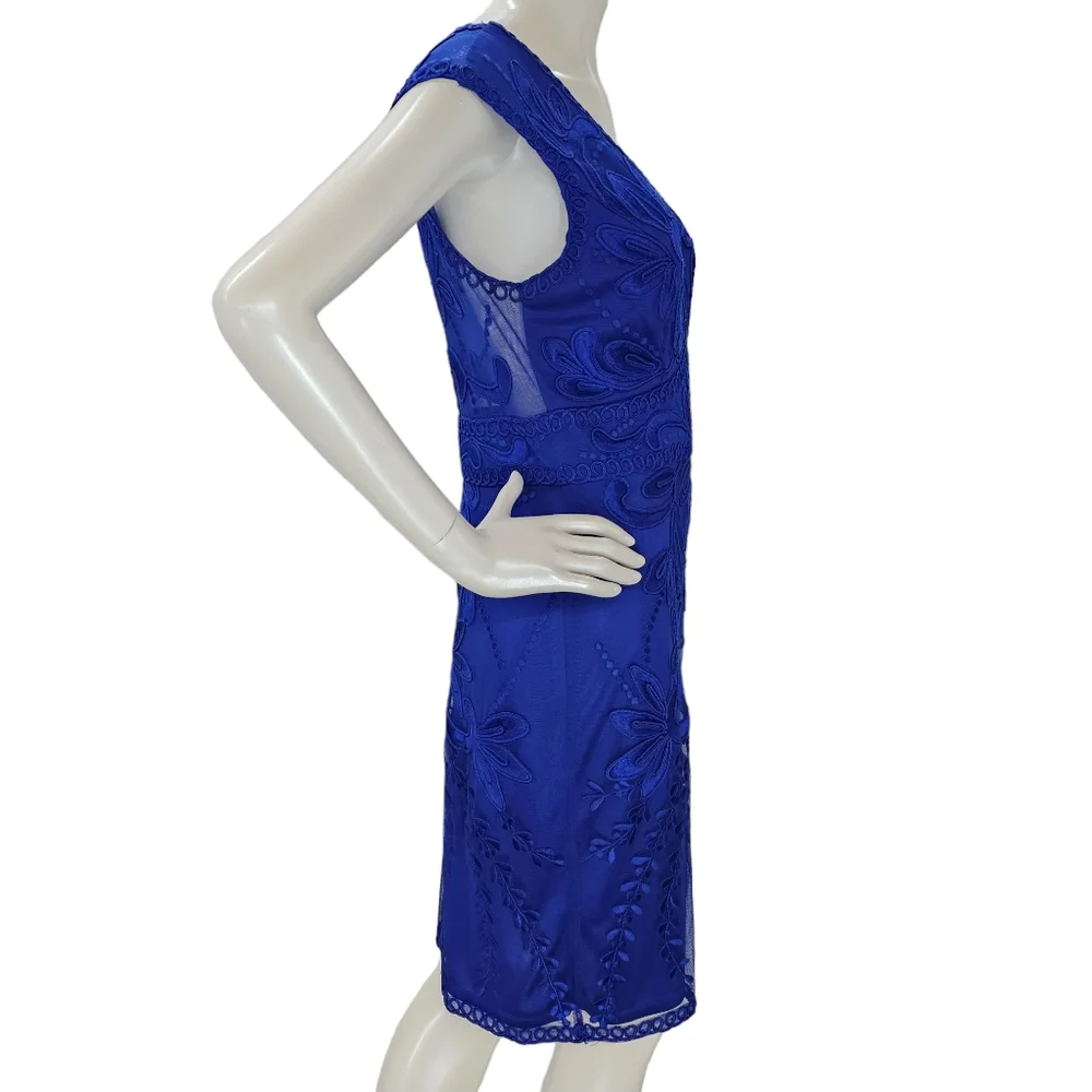 Sue Wong Cocktail Dress Womens Size 10 Cobalt Blue Embroidered Cap Sleeves Lined - Picture 3 of 15